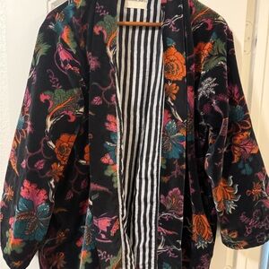 Eleanor James Floral Velvet Kimono Jacket in Black with Multicolor Print